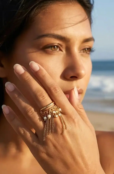 Bague chaînettes fines et perles